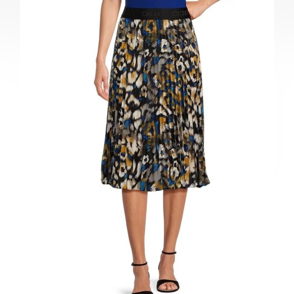 DKNY by Donna Karan Printed Pleated Midi Skirt Brush Stroke Leopard XS